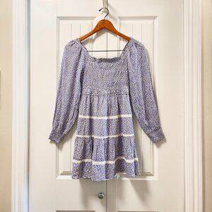 Japna Cottagecore Long-Sleeve Floral Smocked Dress Blue & White - XS